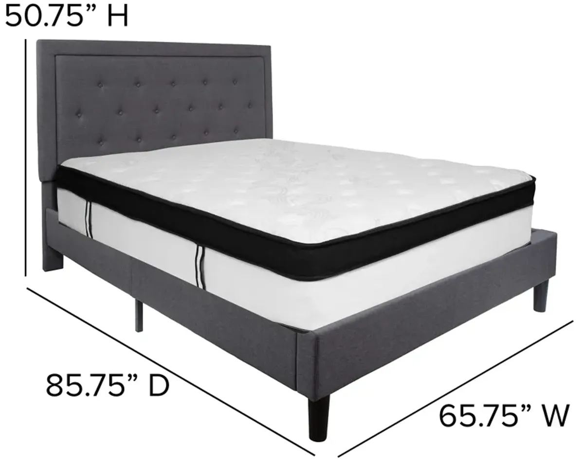 Roxbury Queen Size Tufted Upholstered Platform Bed in Dark Gray Fabric with Memory Foam Mattress