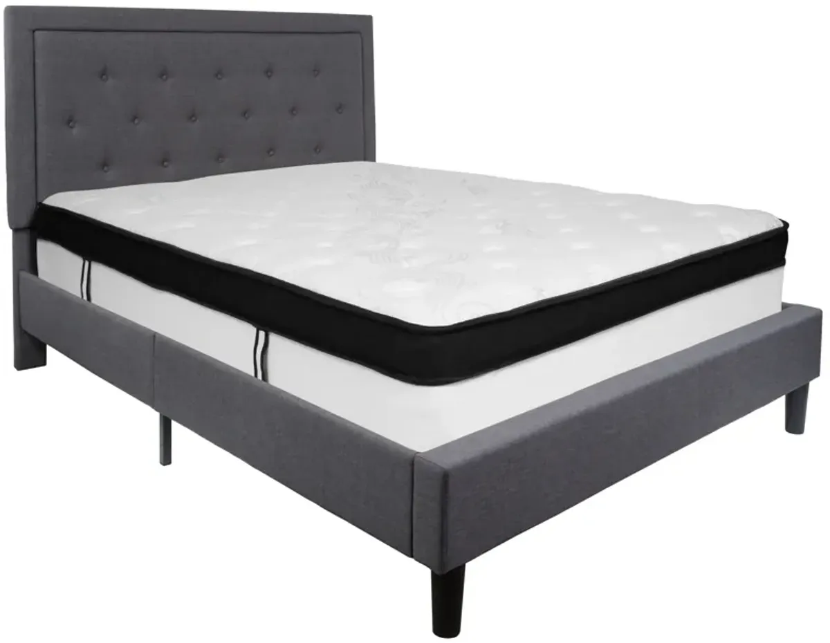 Roxbury Queen Size Tufted Upholstered Platform Bed in Dark Gray Fabric with Memory Foam Mattress