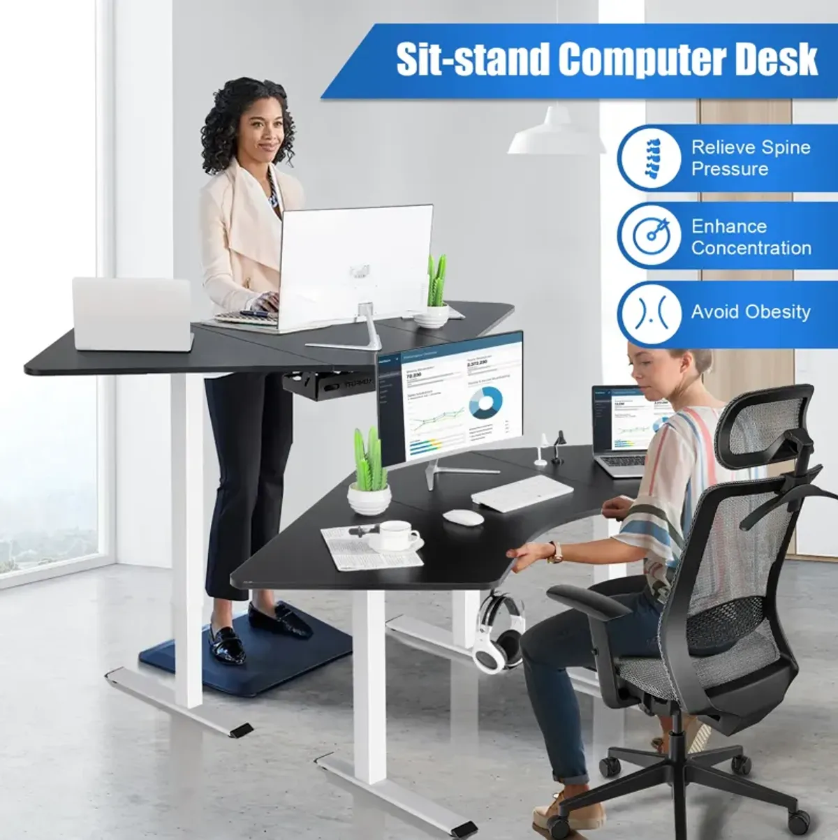 Costway Dual-motor L Shaped Standing Desk Ergonomic Sit Stand Computer Workstation Touch Control Panel Electric Height-adjustable Black Desktop Home Office