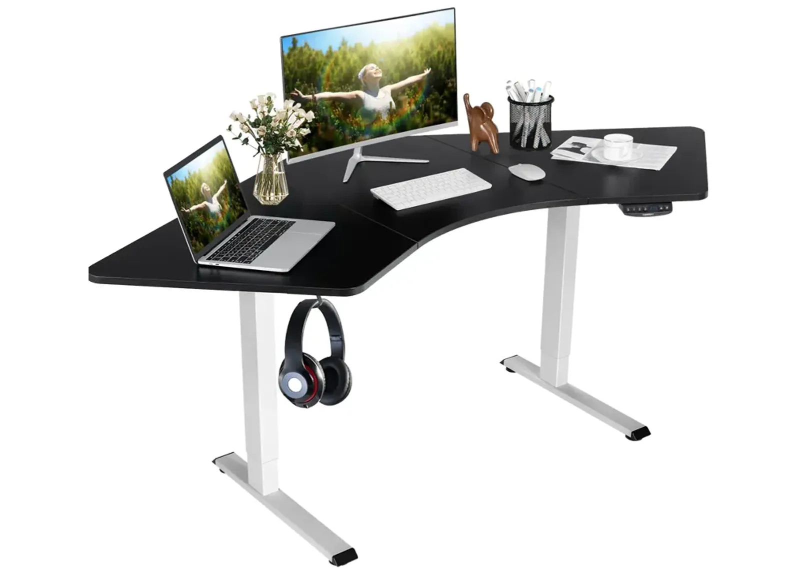 Costway Dual-motor L Shaped Standing Desk Ergonomic Sit Stand Computer Workstation Touch Control Panel Electric Height-adjustable Black Desktop Home Office