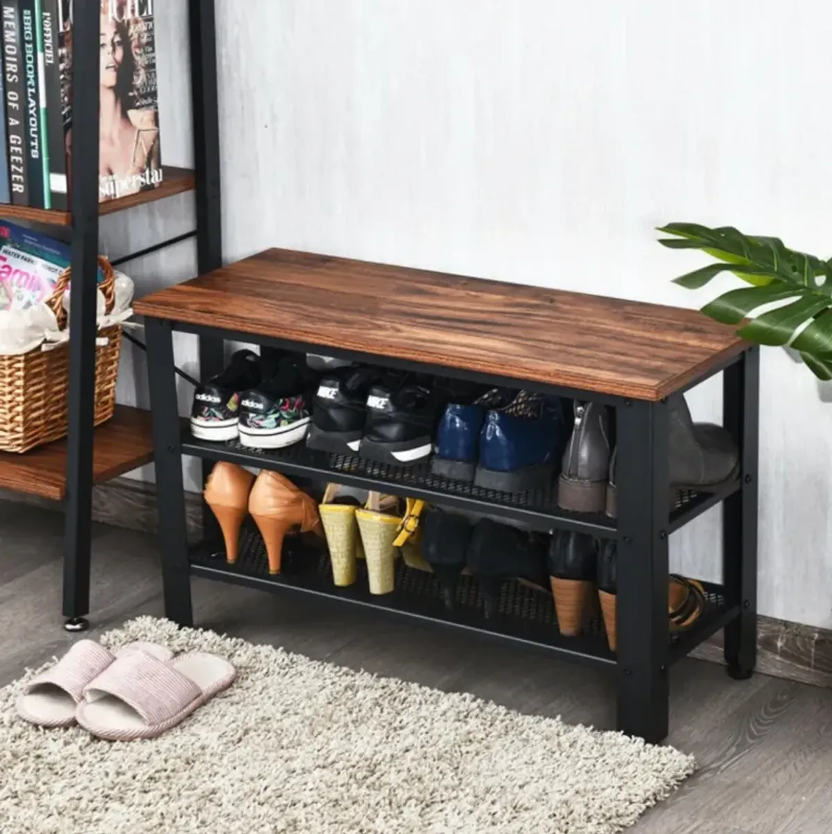 Hivvago 3-Tier Shoe Rack Industrial Shoe Bench with Storage Shelves