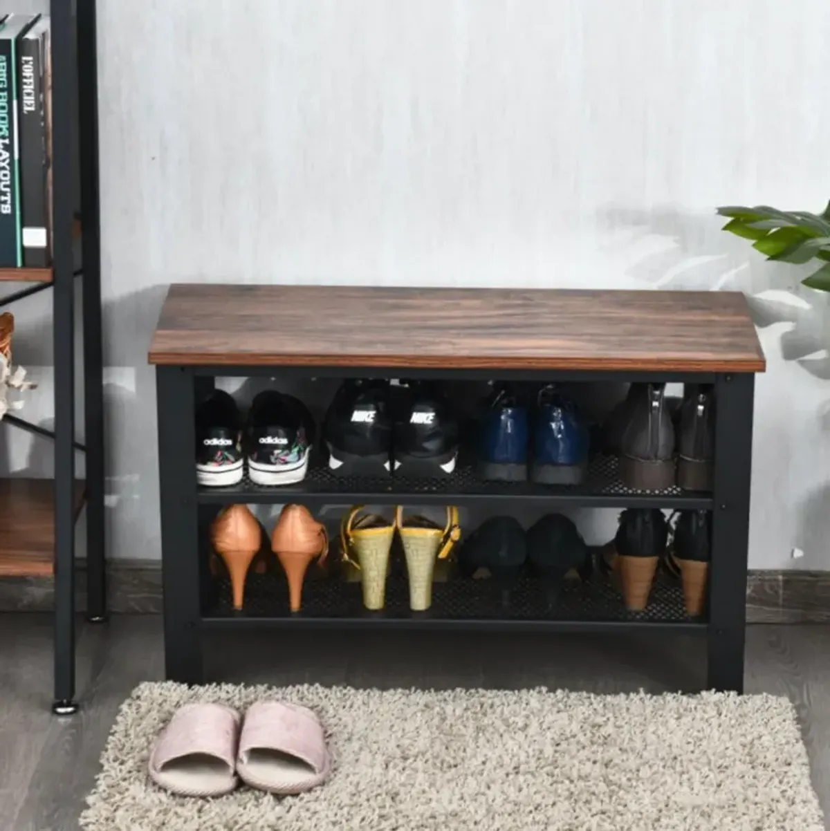 Hivvago 3-Tier Shoe Rack Industrial Shoe Bench with Storage Shelves