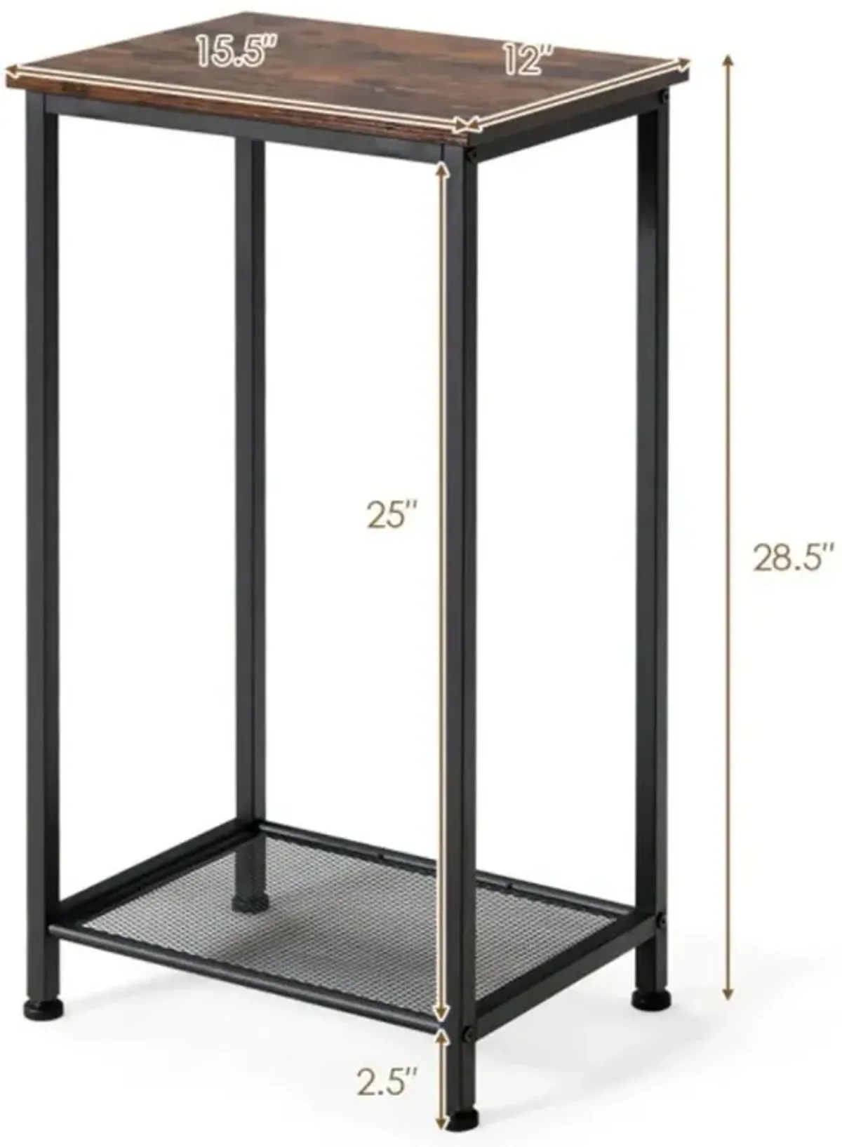 Hivvago 2-Tier Industrial End Table with Metal Mesh Storage Shelves