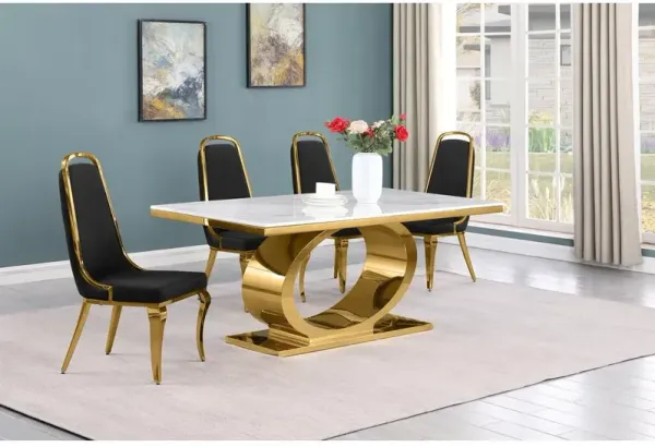 5pc Small(68") marble top dining set with gold base and 4 Black side chairs
