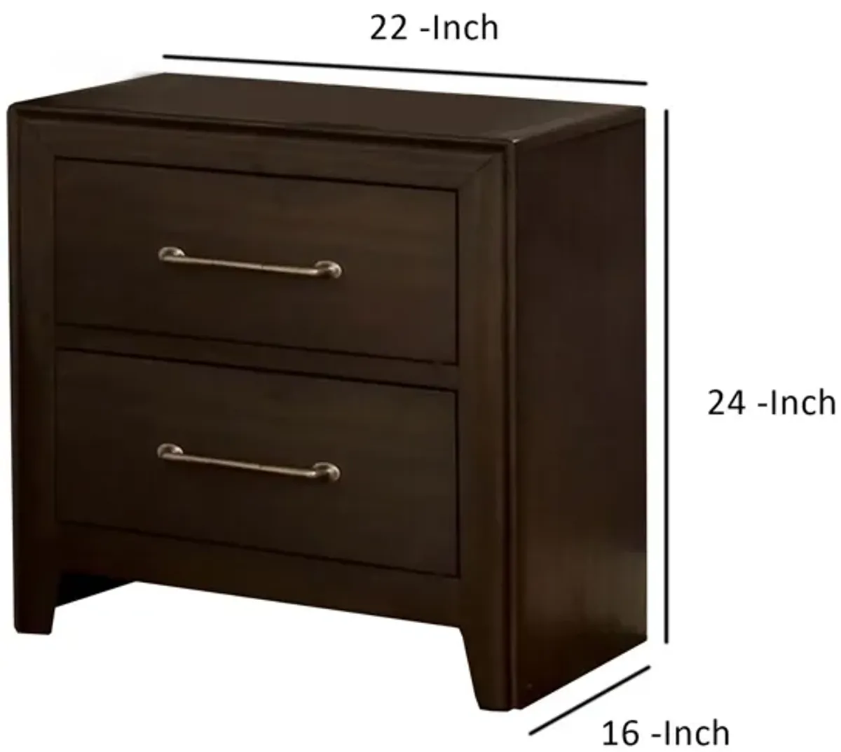 Nightstand with 2 Drawers and Metal Bar Pulls, Walnut Brown-Benzara