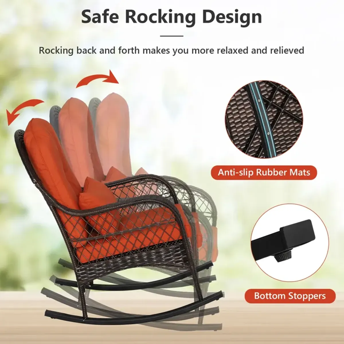 Patio Rattan Rocking Chair with Seat Back Cushions and Waist Pillow