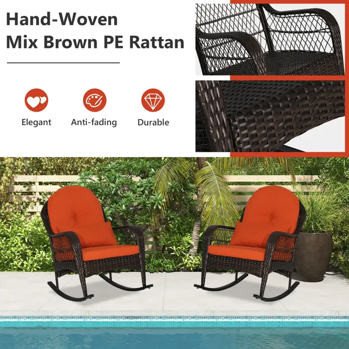 Patio Rattan Rocking Chair with Seat Back Cushions and Waist Pillow