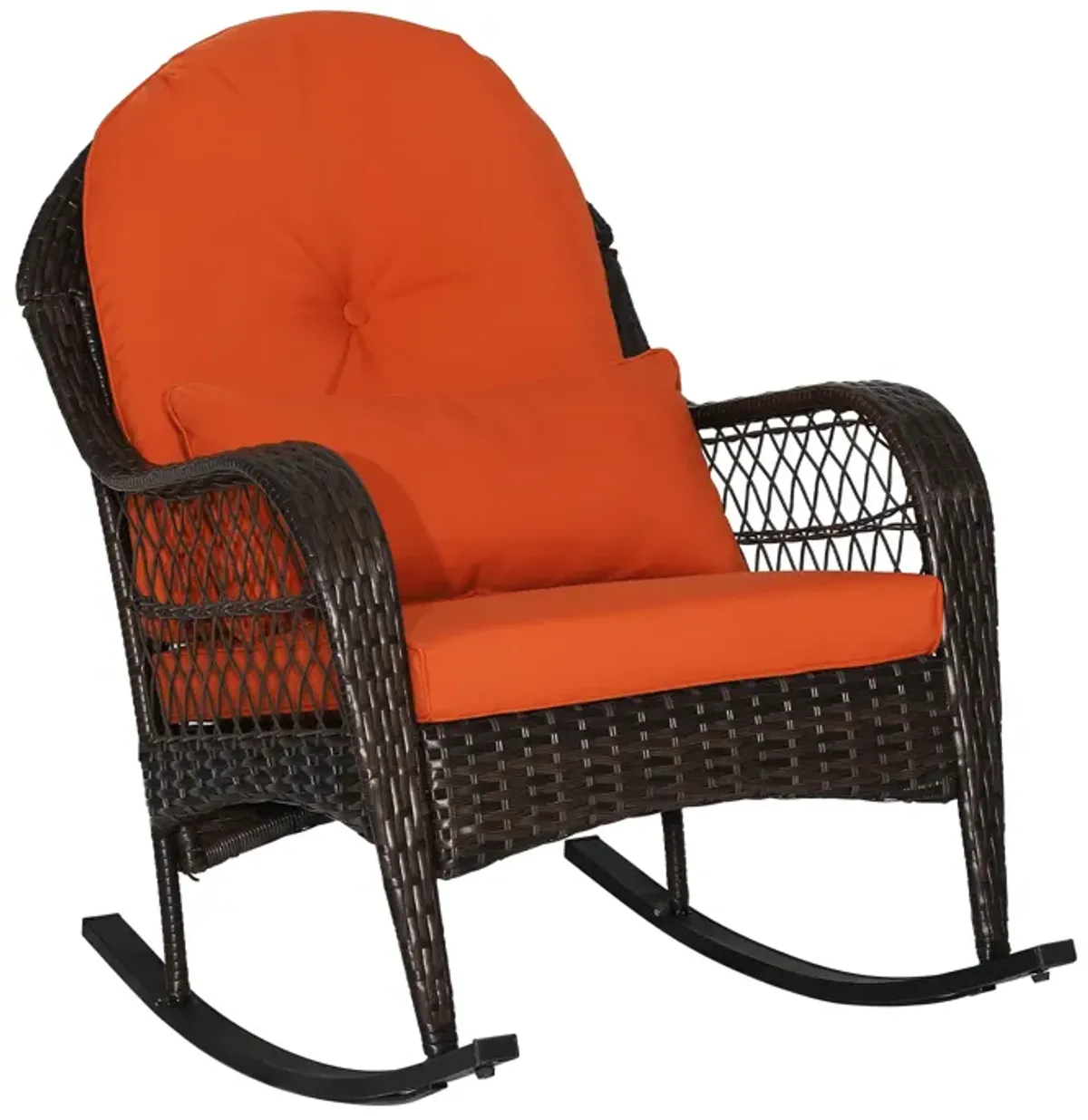 Patio Rattan Rocking Chair with Seat Back Cushions and Waist Pillow