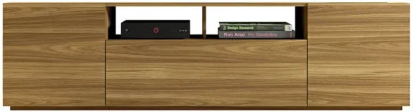 71 Inch Handcrafted Wood TV Media Entertainment Console, Wood Grain, 2 Cabinets, Single Shelf, Walnut Brown-Benzara