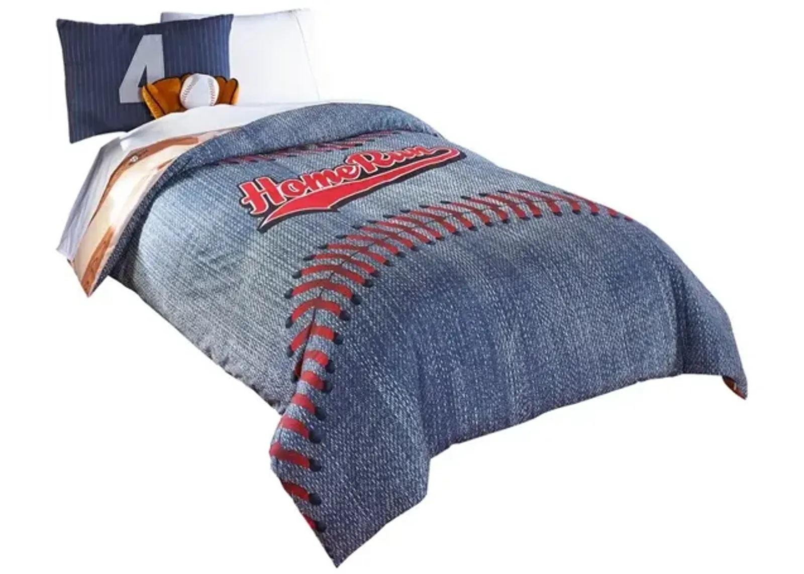 6 Piece Polyester Full Comforter Set with Baseball Inspired Print, Blue - Benzara