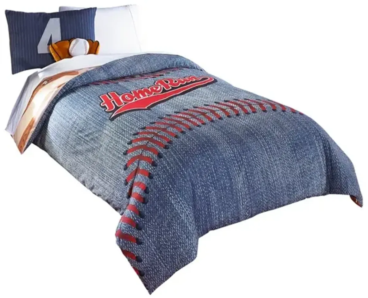 6 Piece Polyester Full Comforter Set with Baseball Inspired Print, Blue - Benzara