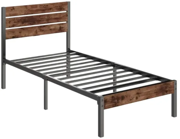 Modern Farmhouse Metal Platform Bed Frame with Wood Headboard