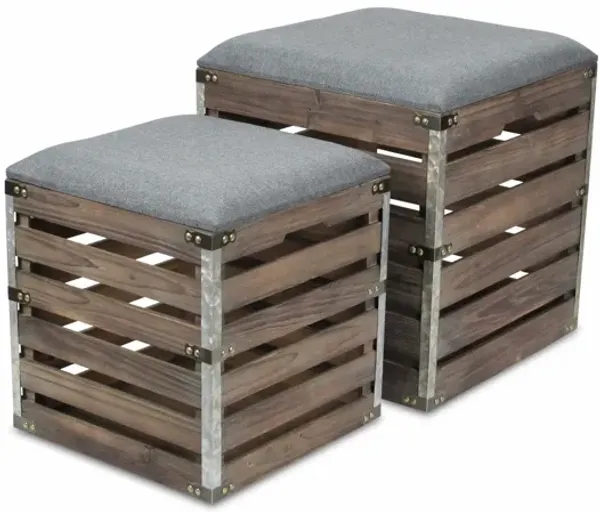 Set of 2 Upholstered Storage Benches with Linen Fabric and Wood Slats for Home Decor