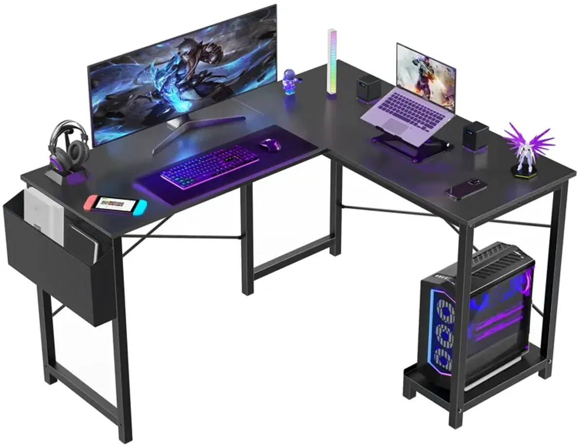 Sweetcrispy L Shaped Computer Desk - Gaming Table Corner Desk 50 Inch PC Writing Black Desk Study Desks with Wooden Desktop CPU