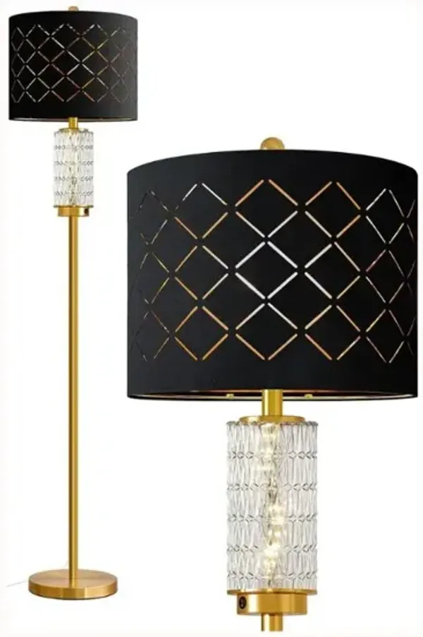 Gold Floor Lamp – 63.75" Tall, LED Glass Night Light, Black Drum Shade, Vintage Style