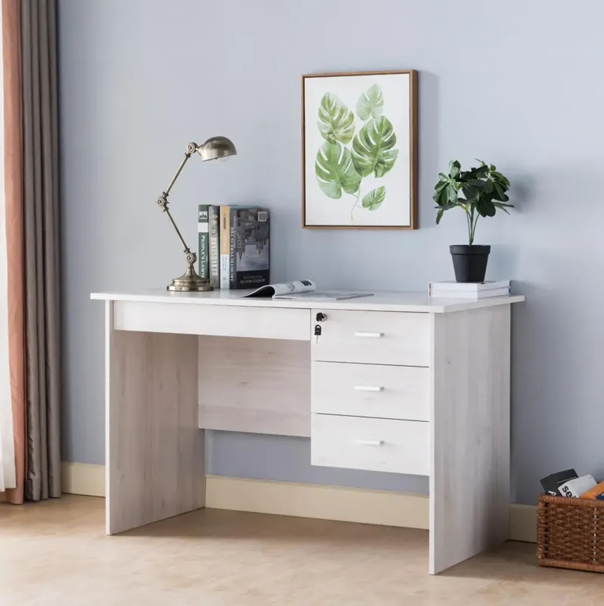 White Oak Home Office Computer Desk with 3 Lockable Drawers