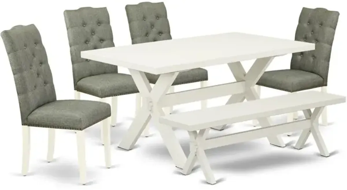 East West Furniture 6-Pc Dining room Table Set-Smoke Color Linen Fabric Seat and Button Tufted Chair Back Dining room chairs, a Rectangular Bench and Rectangular Top Kitchen Dining Table with Hardwood