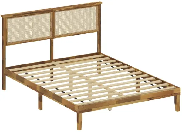 FUFU&GAGA Natural Solid Wood Bed Frame with Faux Hex Rattan Accent, Sturdy Acacia Platform Bed with Plywood Slats, No Box Spring Needed, Queen Size (82.6" L x 62" W x 41.1" H), Brown