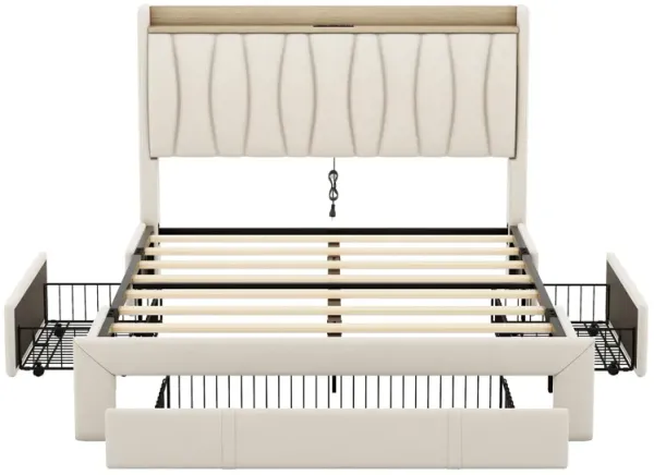 Queen Size Bed Frame with Storage Headboard and Charging Station, Upholstered Platform Bed with 3 Drawers, No Box Spring Needed, Beige