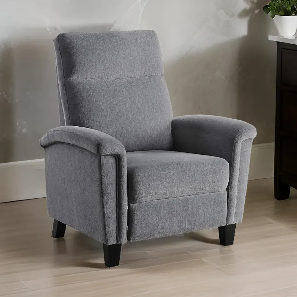 Iser 35 Inch Push Back Manual Recliner Chair, Light Gray Chenille Fabric - Benzara