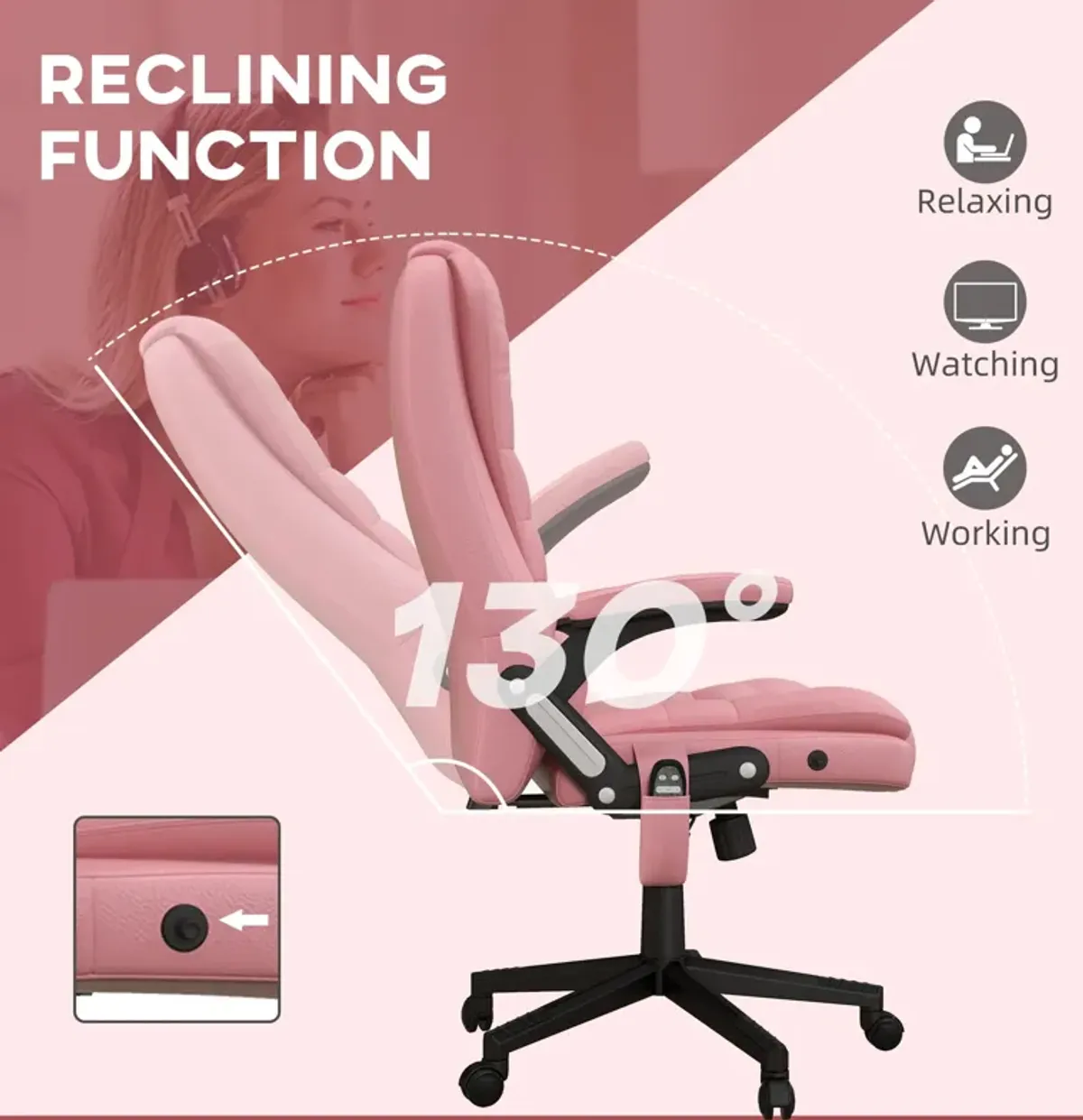 Pink Heated Massage Office Chair: Reclining, 6 Vibration Points