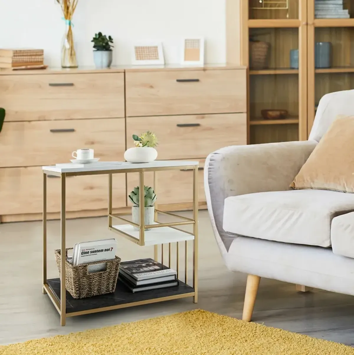 3-Tier Multi-function Marble End Table with Storage Shelf-Golden