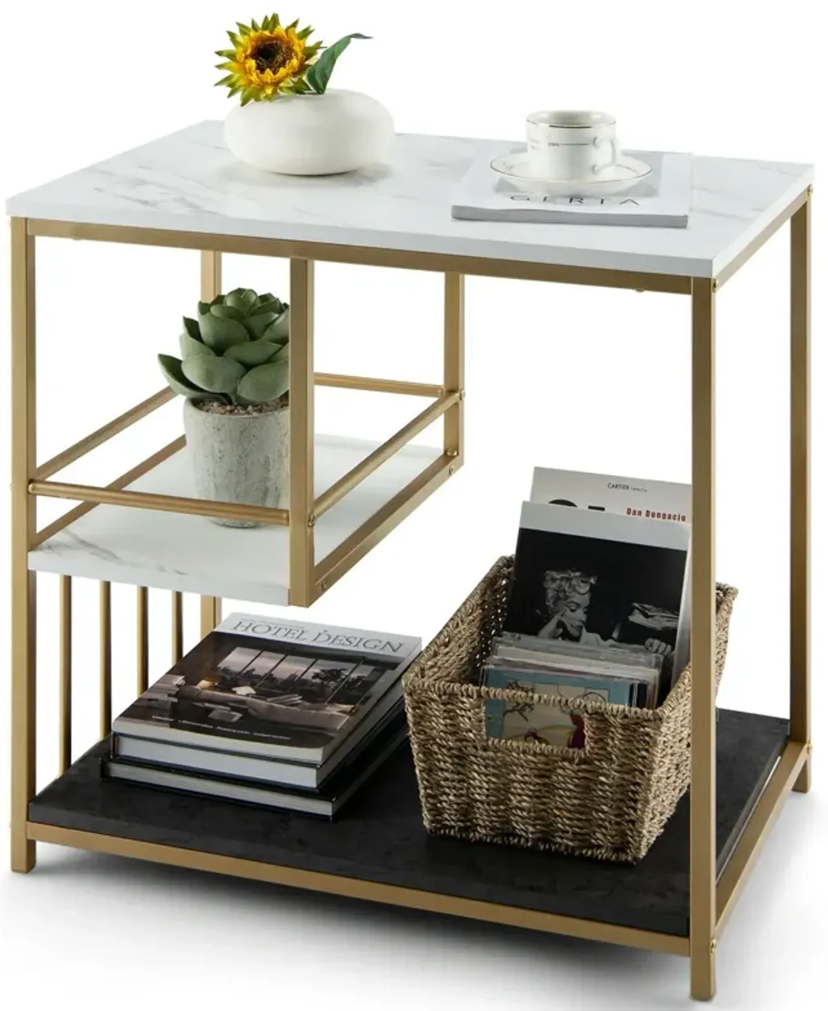 3-Tier Multi-function Marble End Table with Storage Shelf-Golden