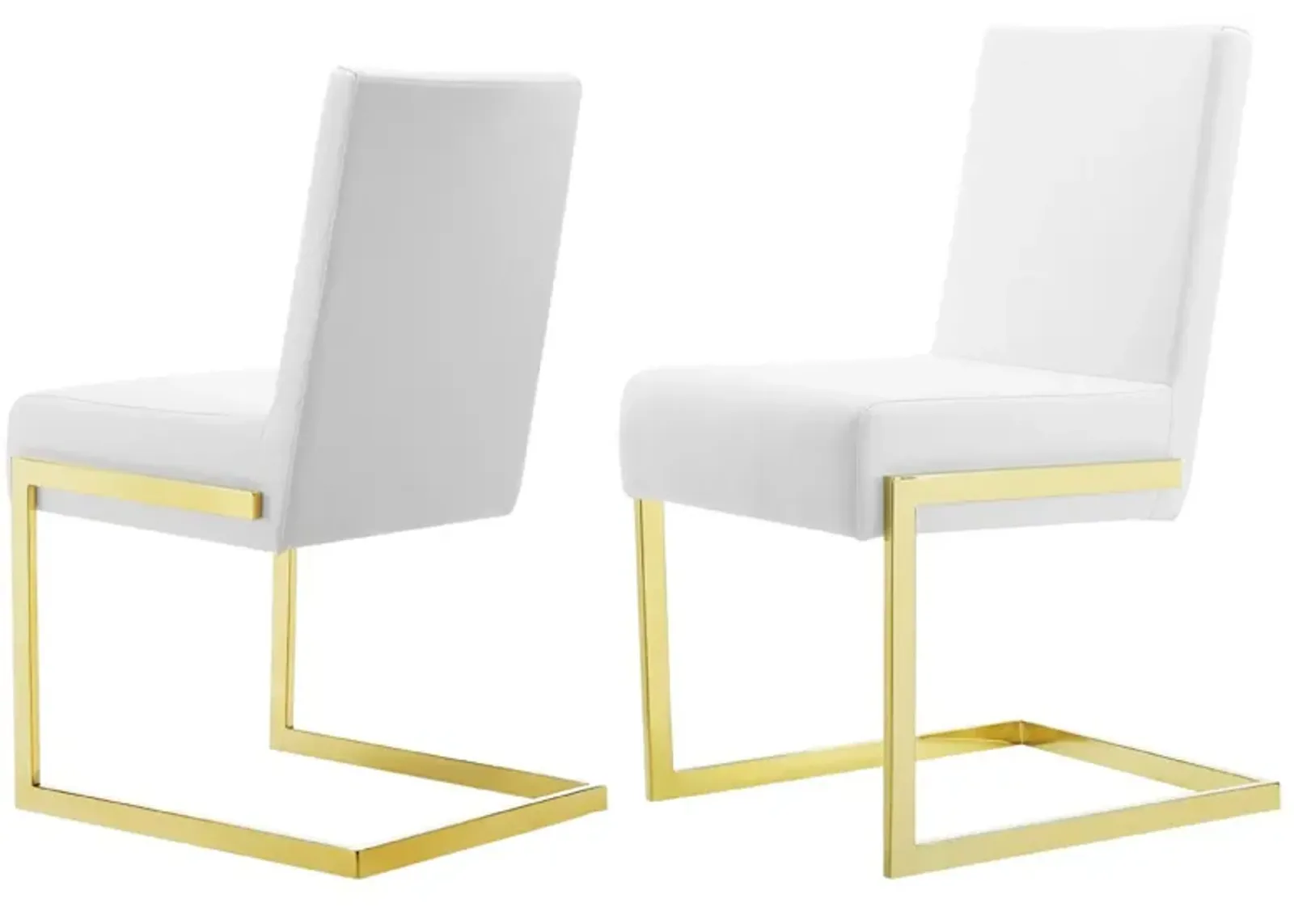 19 Inch Dining Chair, Set of 2, White Vegan Leather, Gold Cantilever Base-Benzara