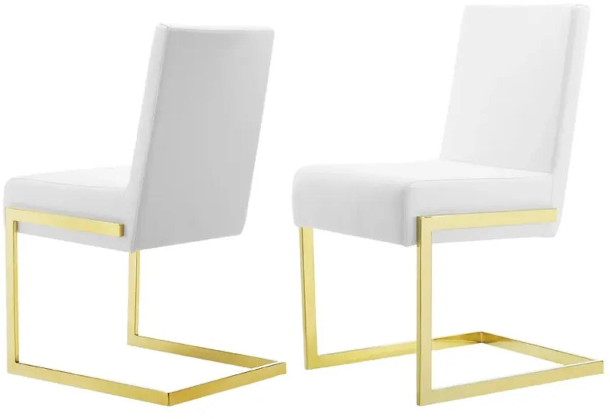 19 Inch Dining Chair, Set of 2, White Vegan Leather, Gold Cantilever Base-Benzara