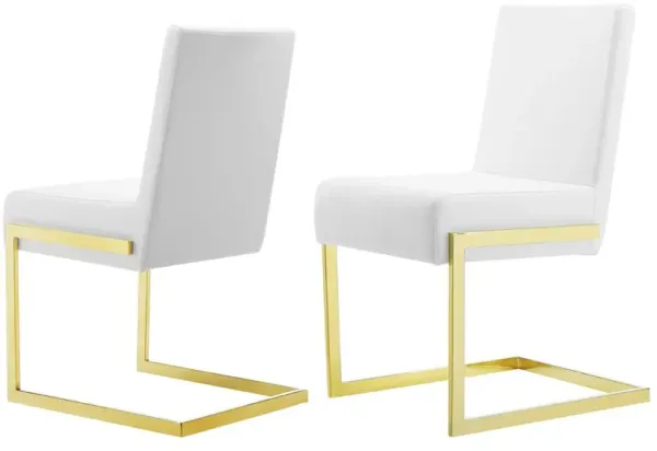 19 Inch Dining Chair, Set of 2, White Vegan Leather, Gold Cantilever Base - Benzara
