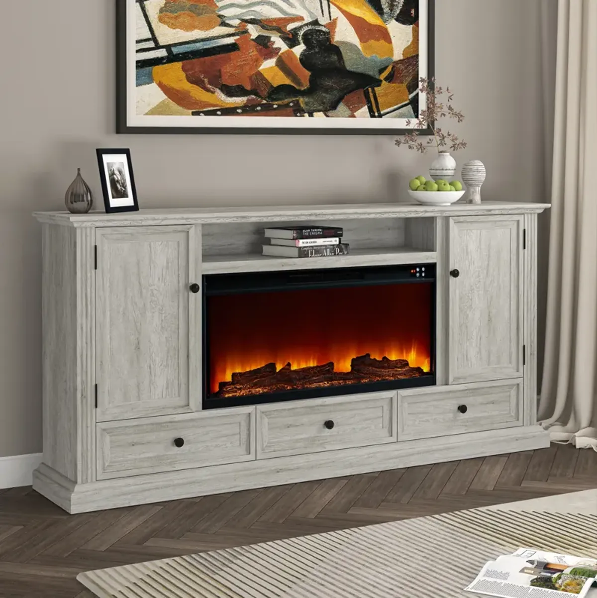 FESTIVO Farmhouse 72" TV Stand with Fireplace - Accommodates up to 75" TV