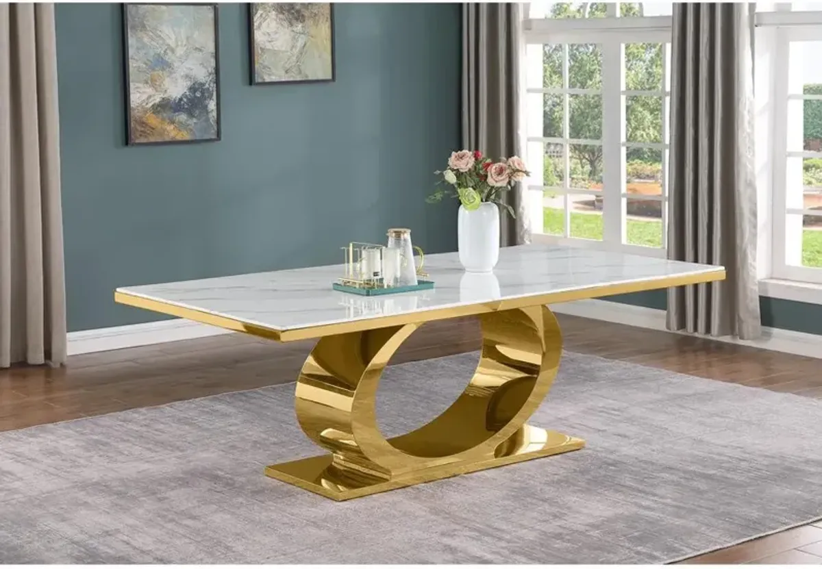 Best Quality Furniture 7pc Large (87) marble top dining set with gold base and 6 Black side chairs
