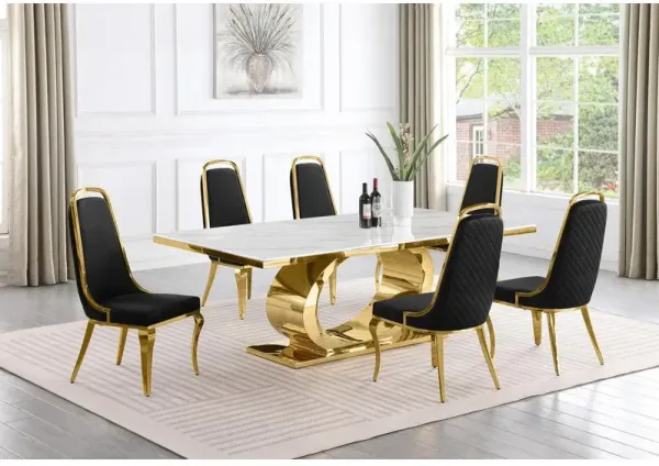 Best Quality Furniture 7pc Large (87) marble top dining set with gold base and 6 Black side chairs