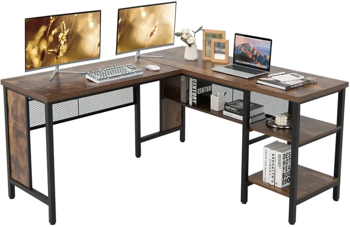 Industrial L-Shaped Corner Computer Desk Office Workstation with Storage Shelves-Rustic Brown