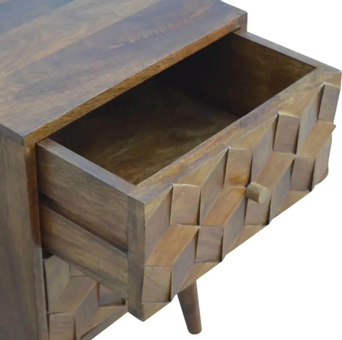 Chestnut  Solid Wood 2 Drawer Cube Carved Nightstand