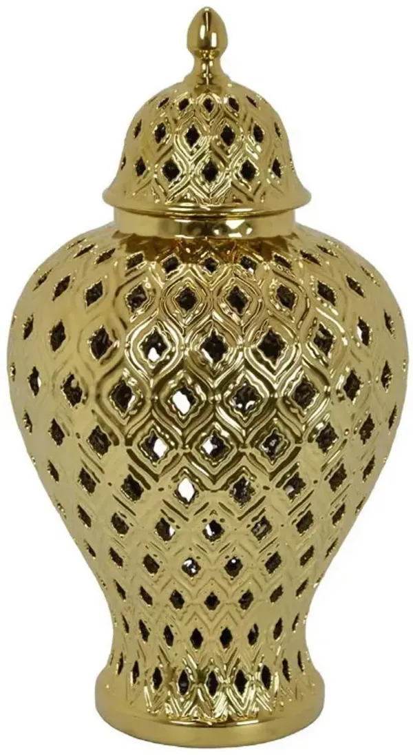 Deni 18 Inch Temple Jar, Pierced, Carved Lattice Design, Lid, Gold - Benzara