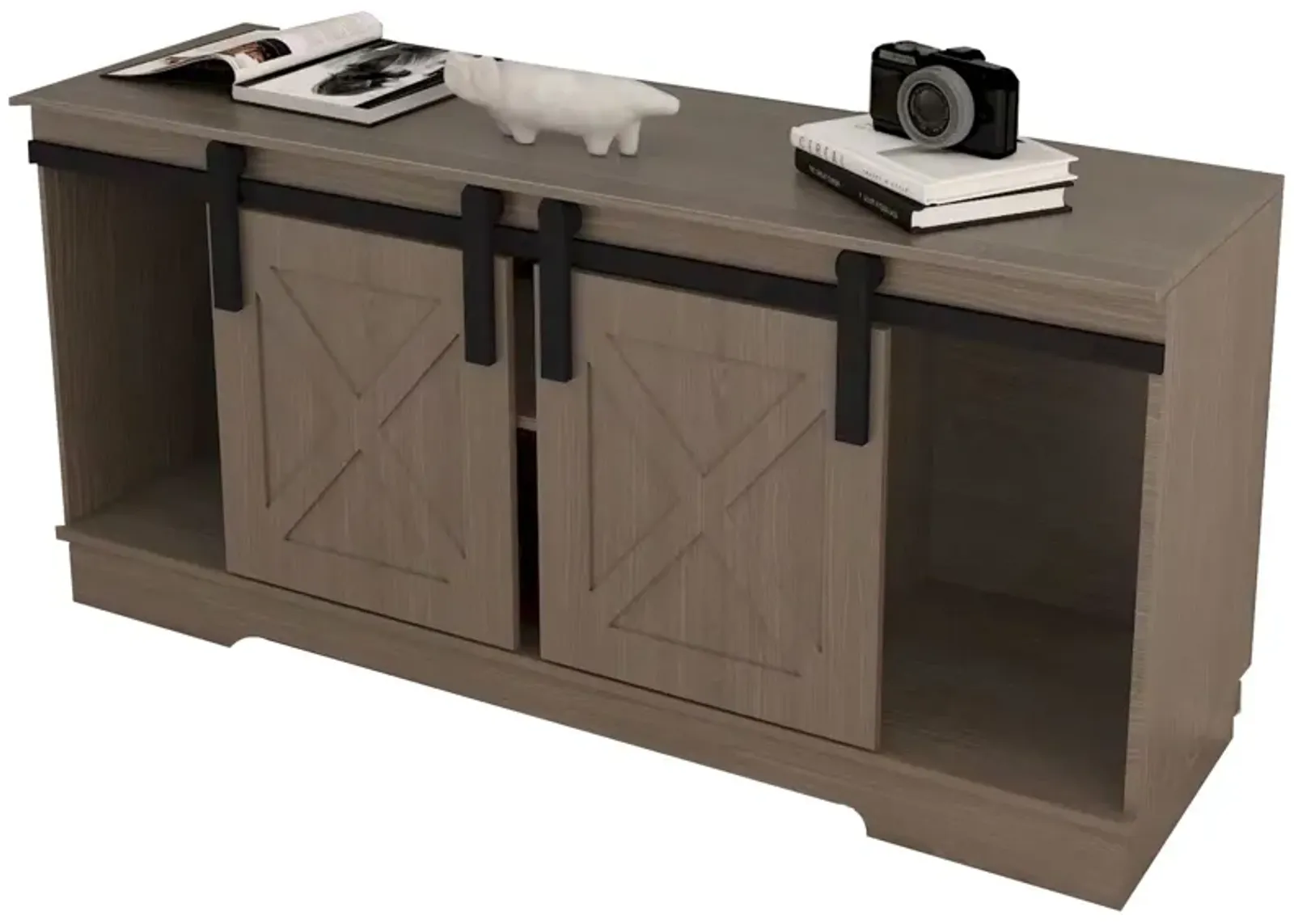 FC Design Klair Living TV Stand with Sliding Barndoors in Rustic Gray