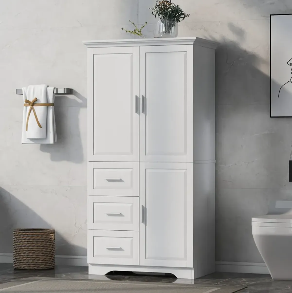 32" Bathroom/Office Tall Storage Cabinet With Doors and 3 Drawers, White