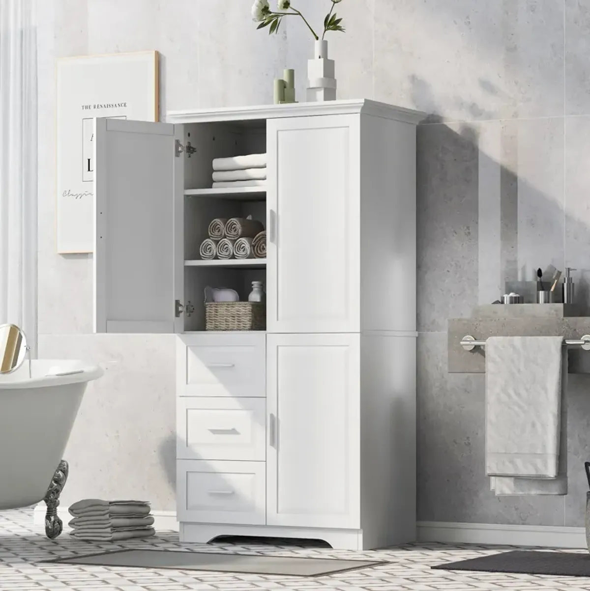 32" Bathroom/Office Tall Storage Cabinet With Doors and 3 Drawers, White