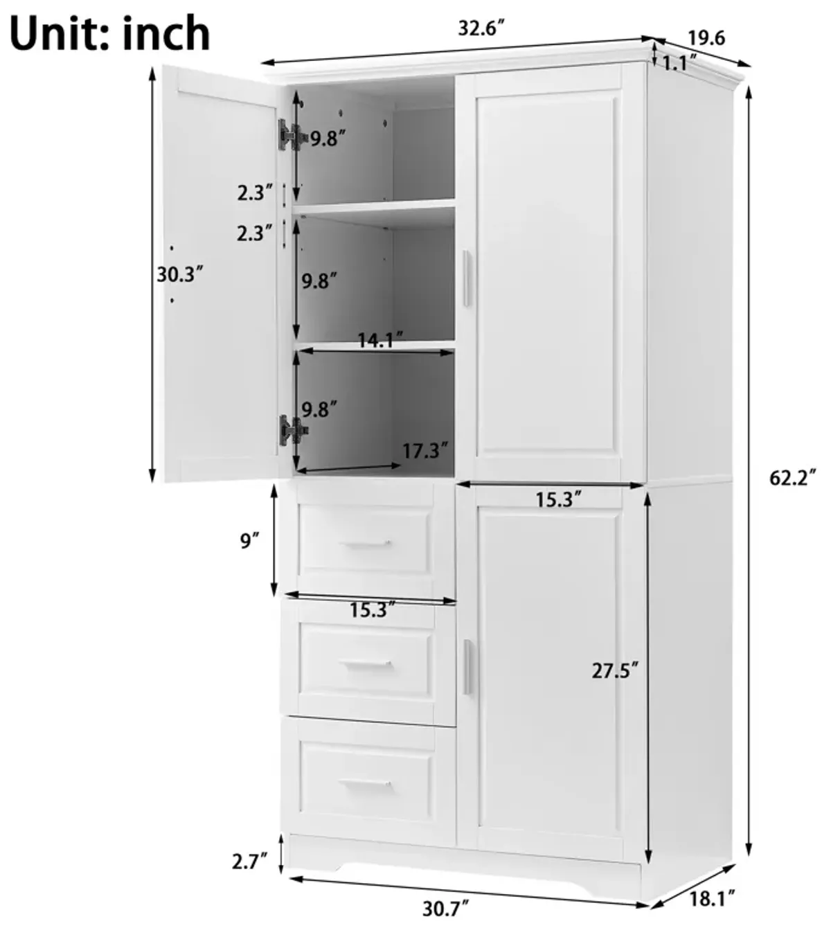 32" Bathroom/Office Tall Storage Cabinet With Doors and 3 Drawers, White