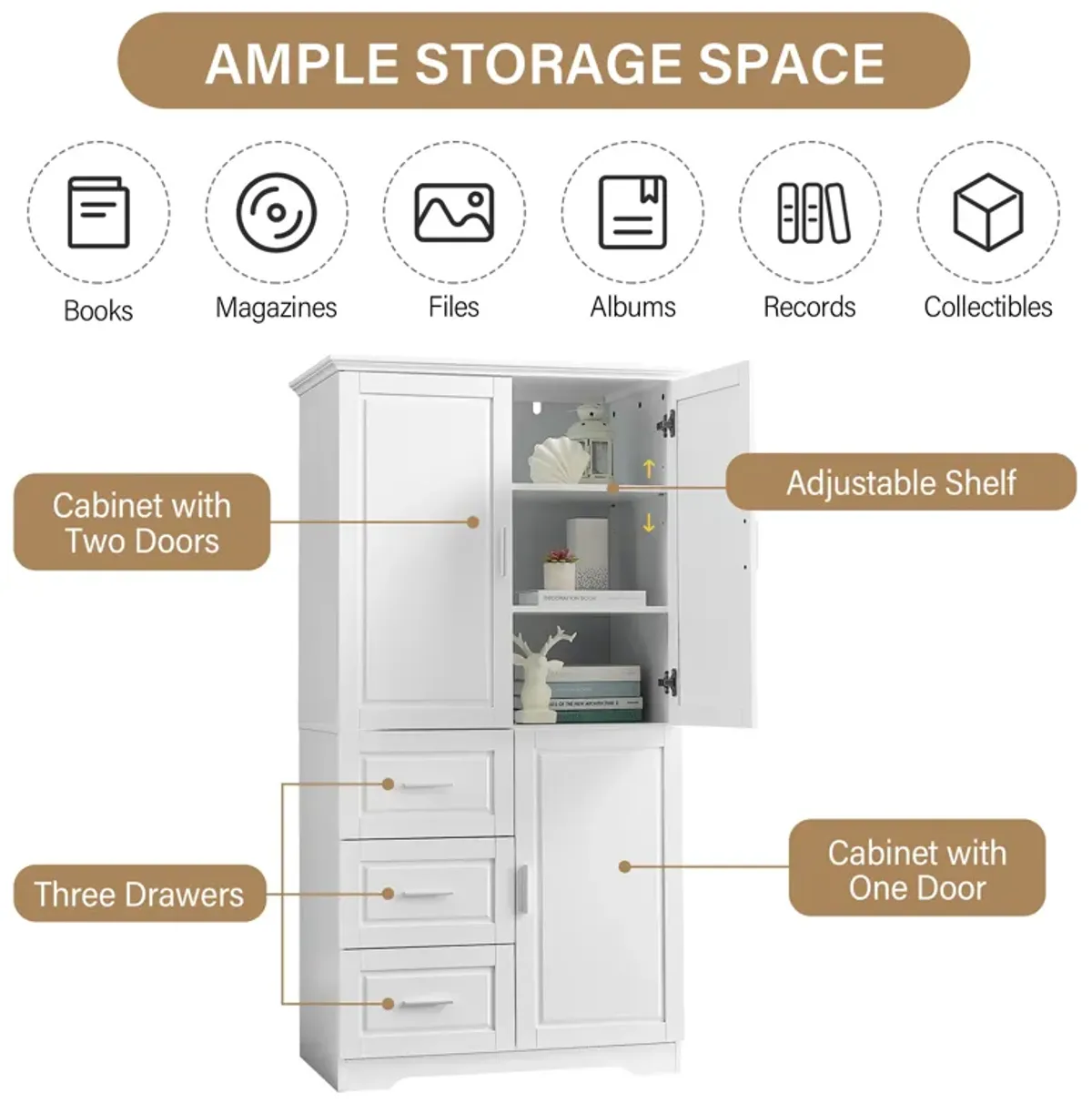 32" Bathroom/Office Tall Storage Cabinet With Doors and 3 Drawers, White