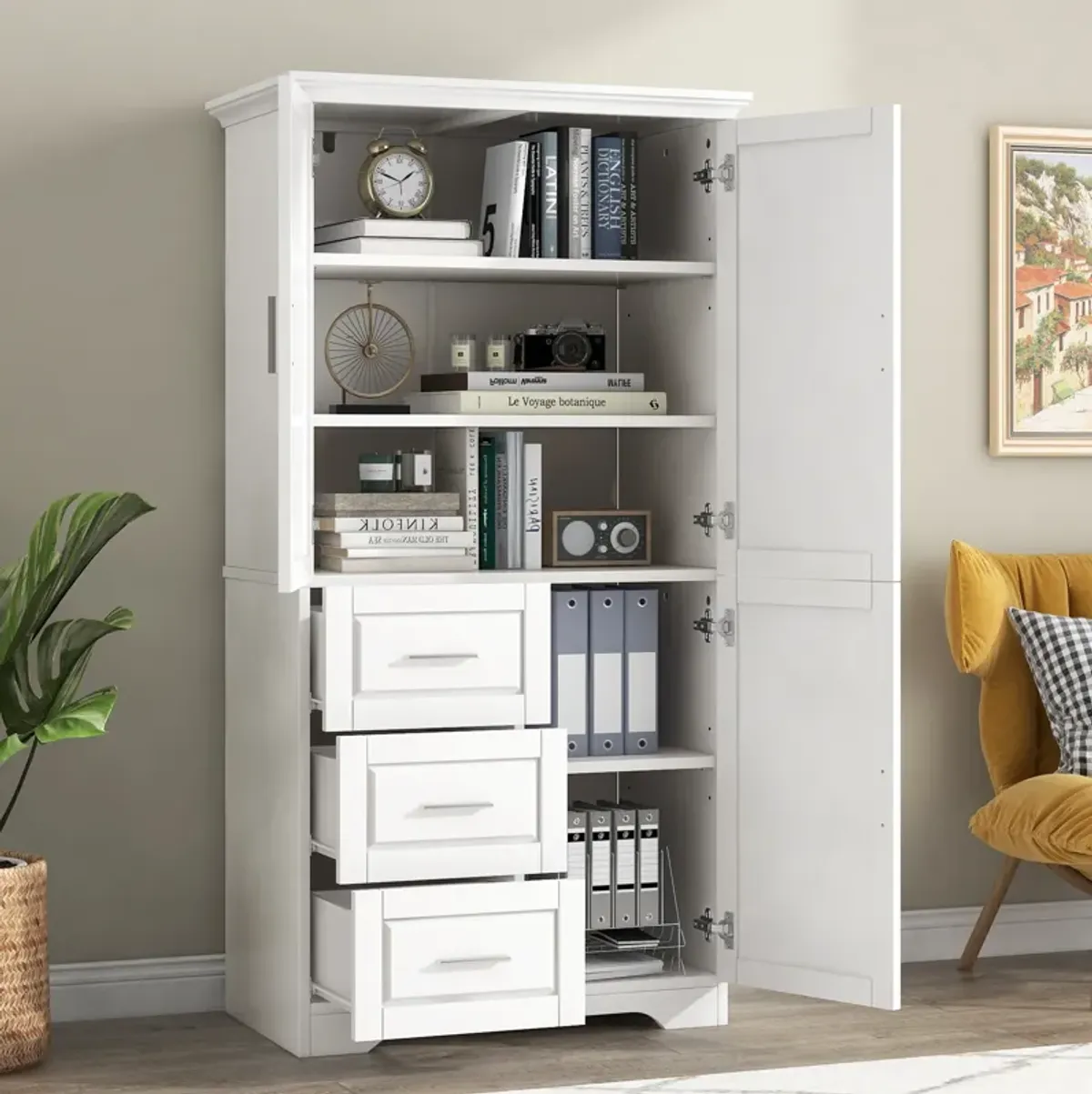 32" Bathroom/Office Tall Storage Cabinet With Doors and 3 Drawers, White