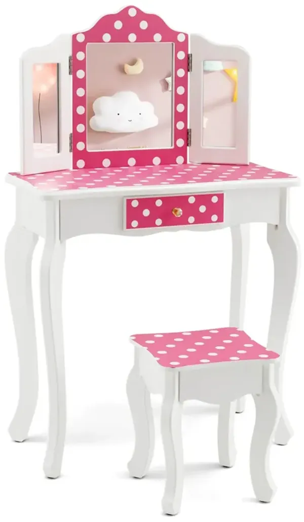 Kids Vanity Table and Stool Set with Cute Polka Dot Print-Pink