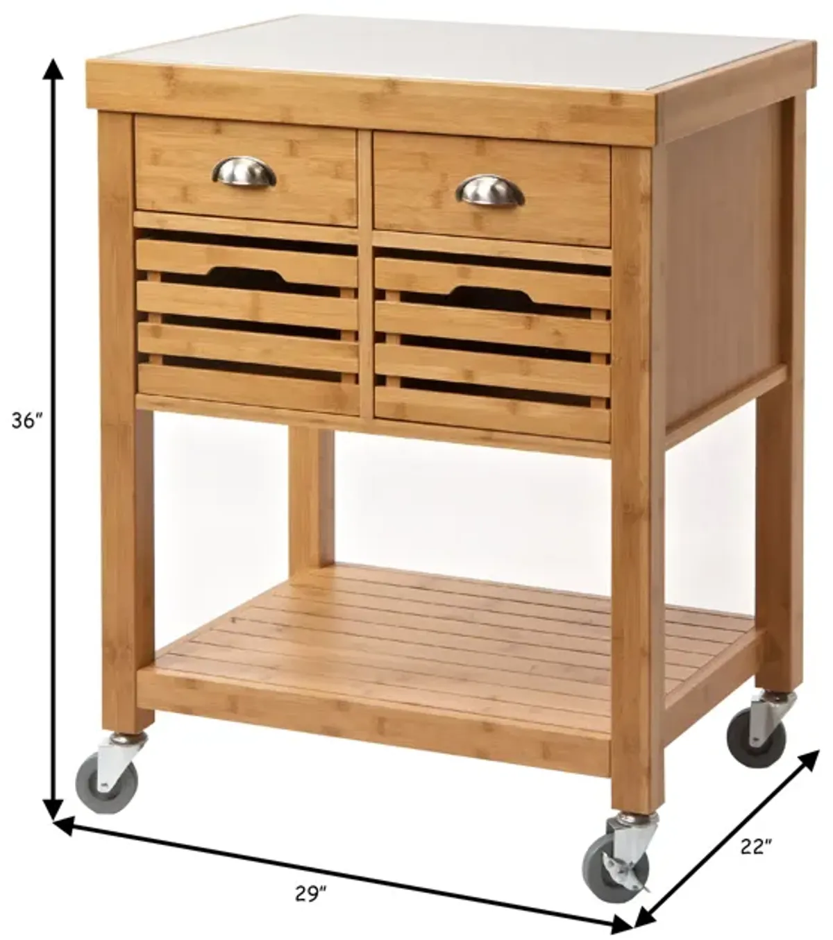 36 Inch Bamboo Kitchen Cart Island, 2 Drawers, Stainless Steel Top, Brown - Benzara