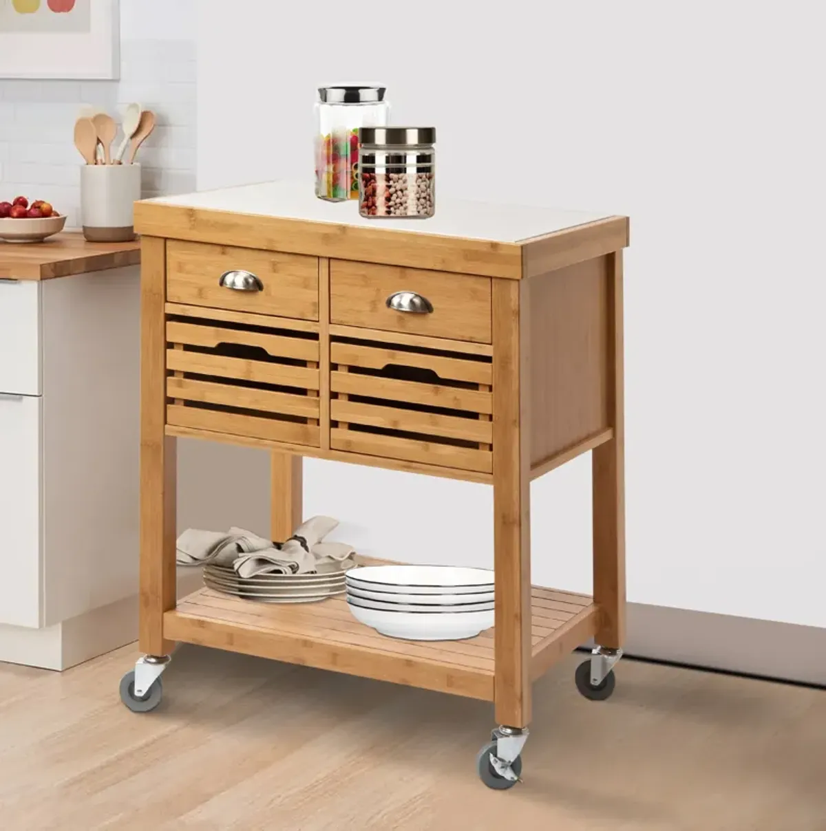 36 Inch Bamboo Kitchen Cart Island, 2 Drawers, Stainless Steel Top, Brown - Benzara