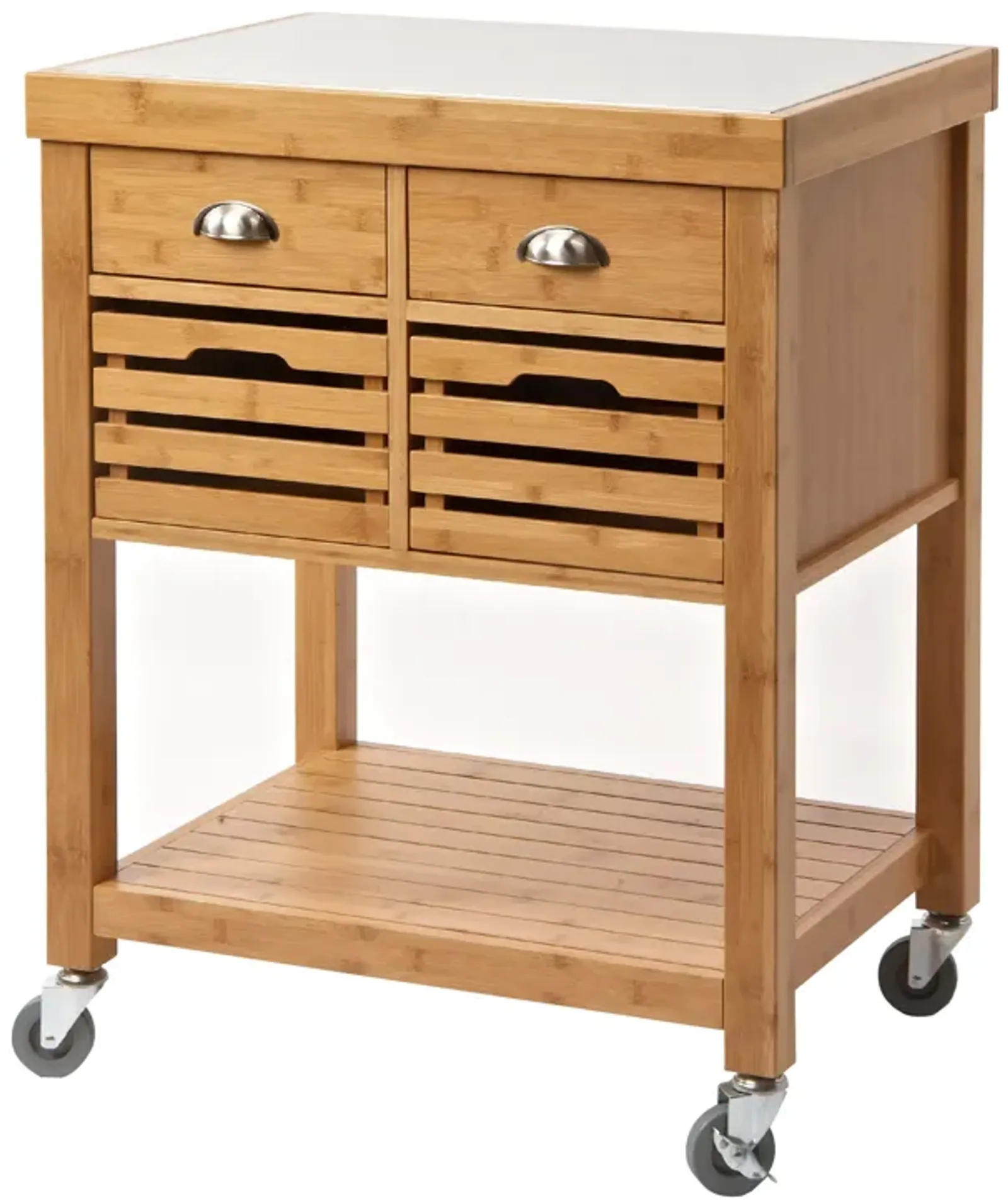 36 Inch Bamboo Kitchen Cart Island, 2 Drawers, Stainless Steel Top, Brown - Benzara