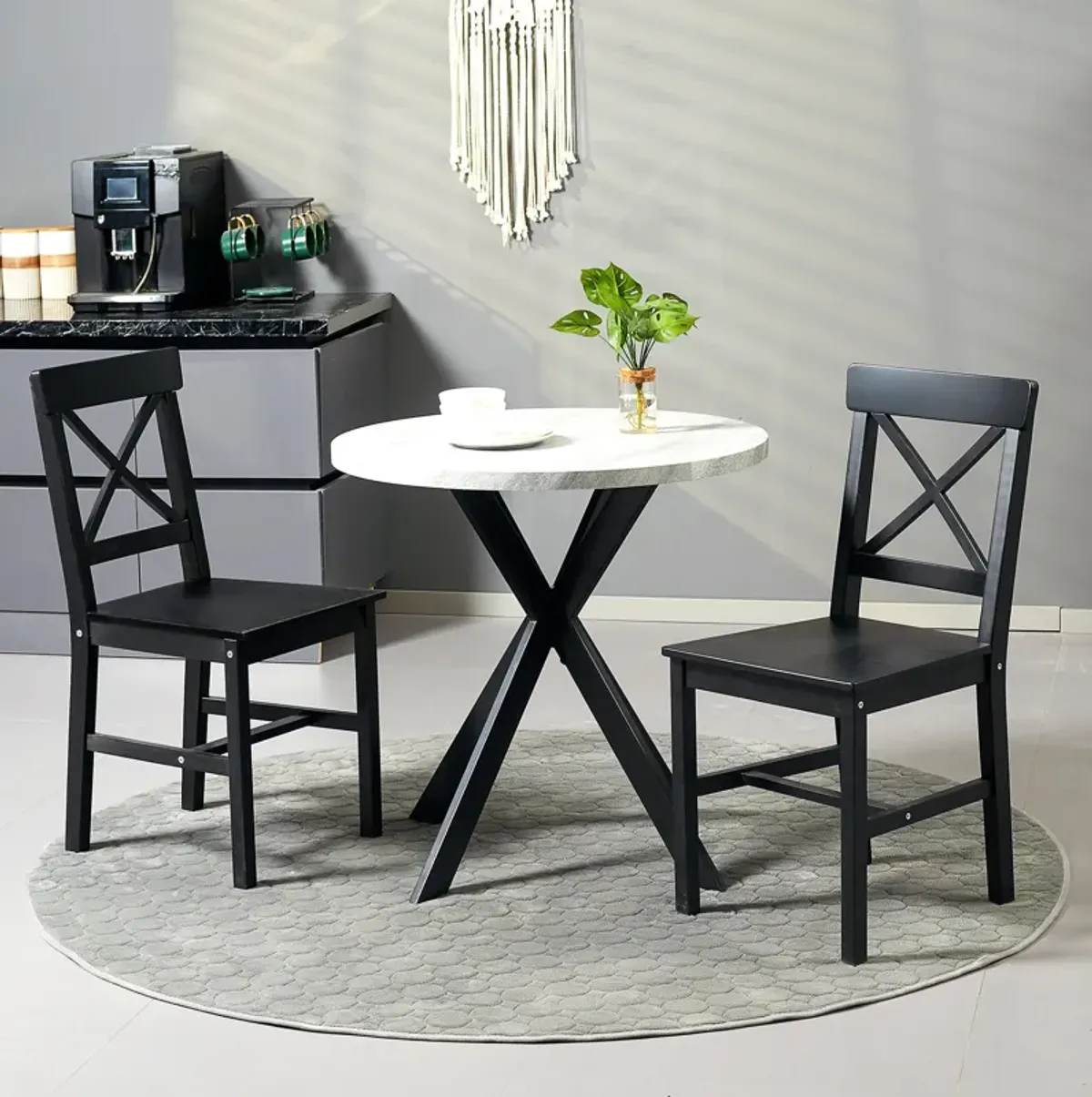 Black Dining Pair: Set of 2 Farmhouse Wooden Chairs with Cross Back