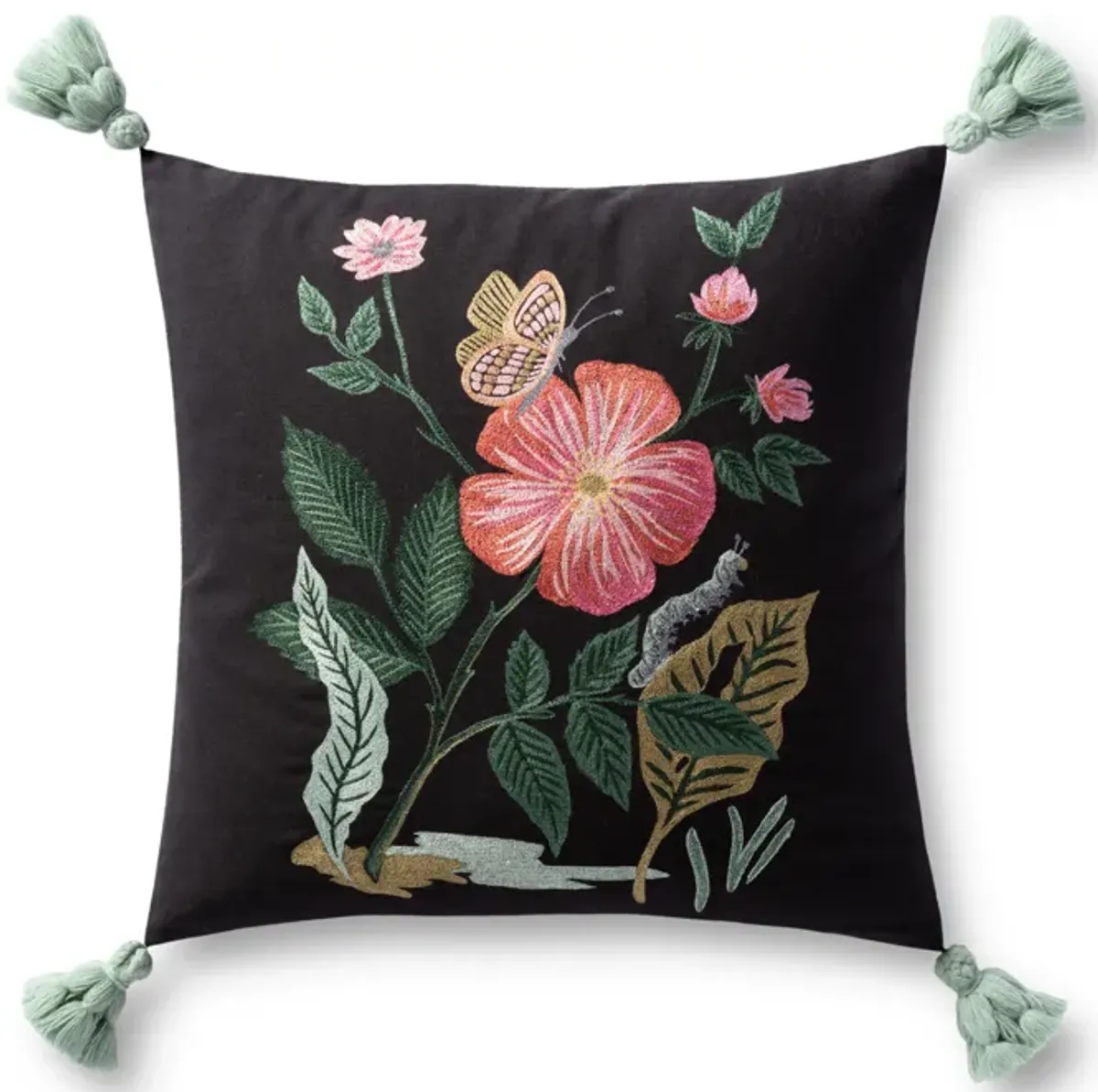 P6074 Black/Multi 18"x18" Down Pillow by Rifle Paper Co. × Loloi