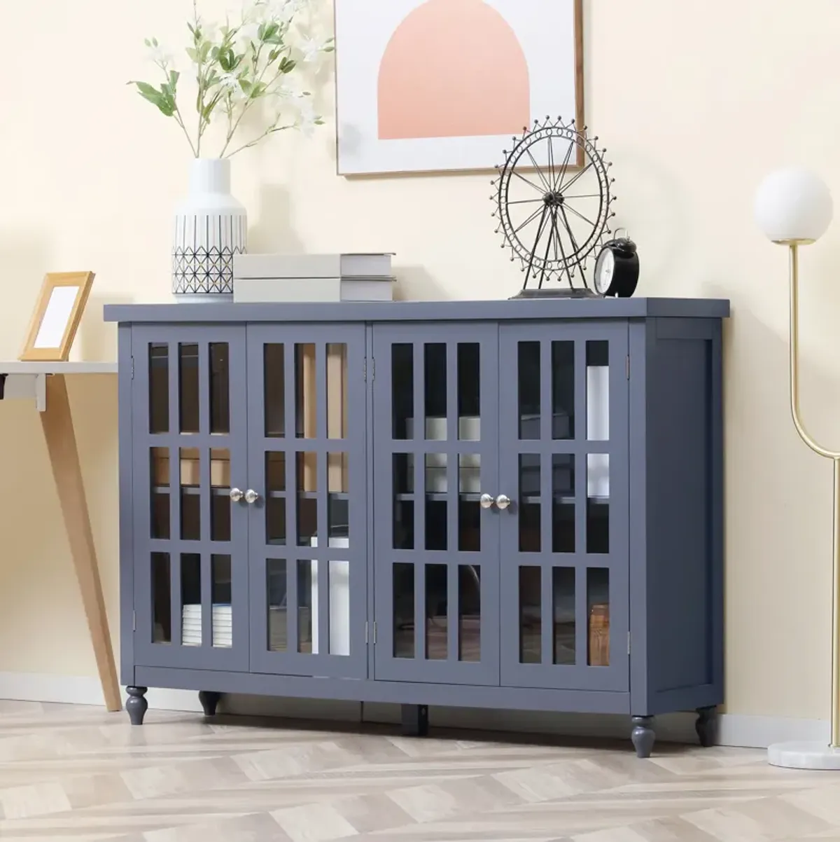 Gray Kitchen Organizer: Modern Sideboard with 4 Glass Doors