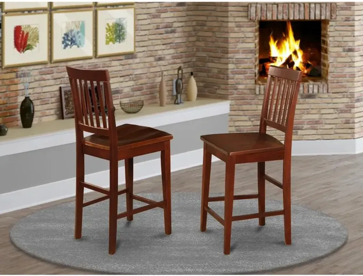 East West Furniture Vernon  Counter  Stools  with  Wood  Seat  -  Mahogany  Finish,  Set  of  2